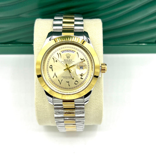 "Elegance Redefined: Rolex Gold Watch with Arabic Numerals and Integrated Day-Date Function"